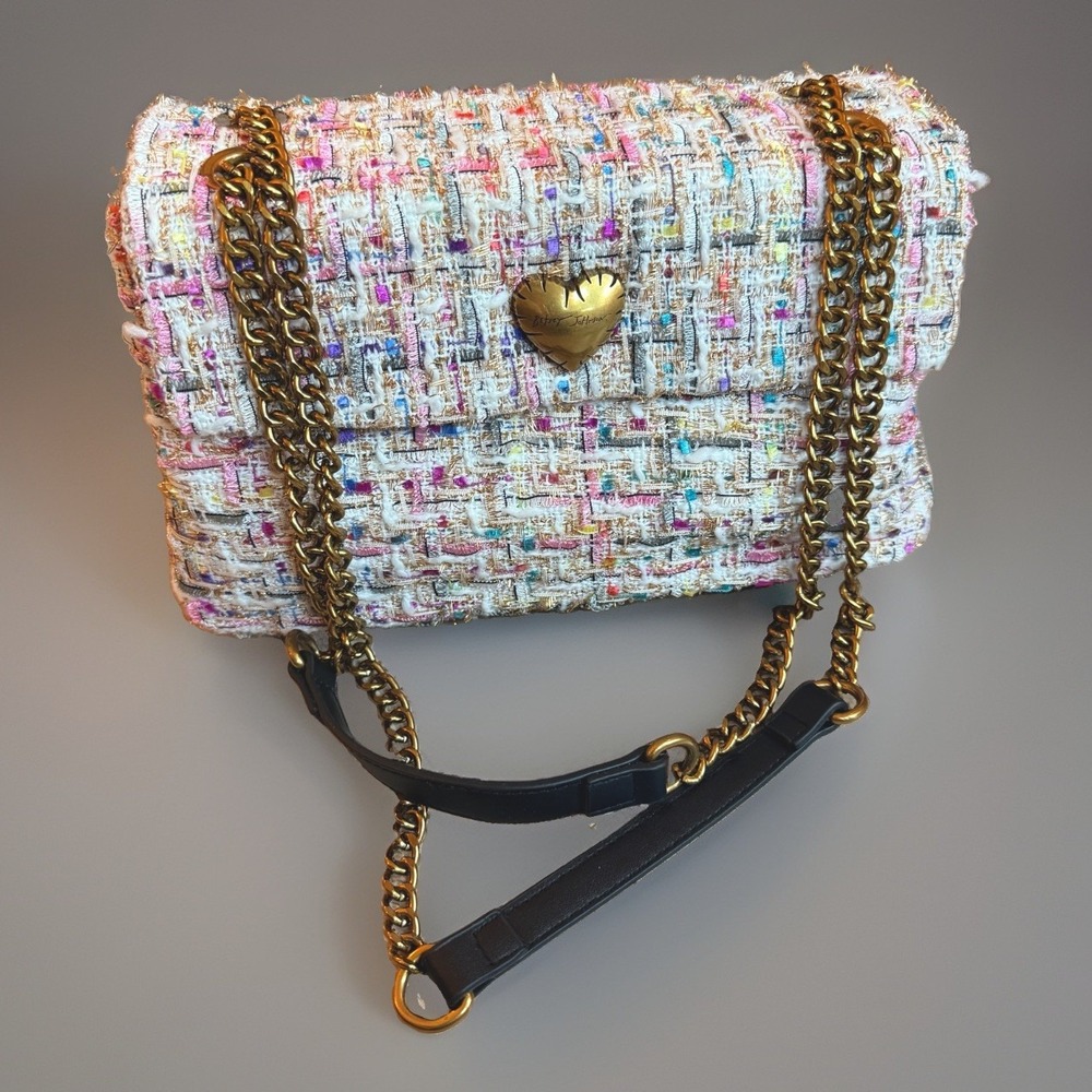 Betsey Johnson Multicolor Tweed Heart Chain Crossbody Shoulder Bag Medium